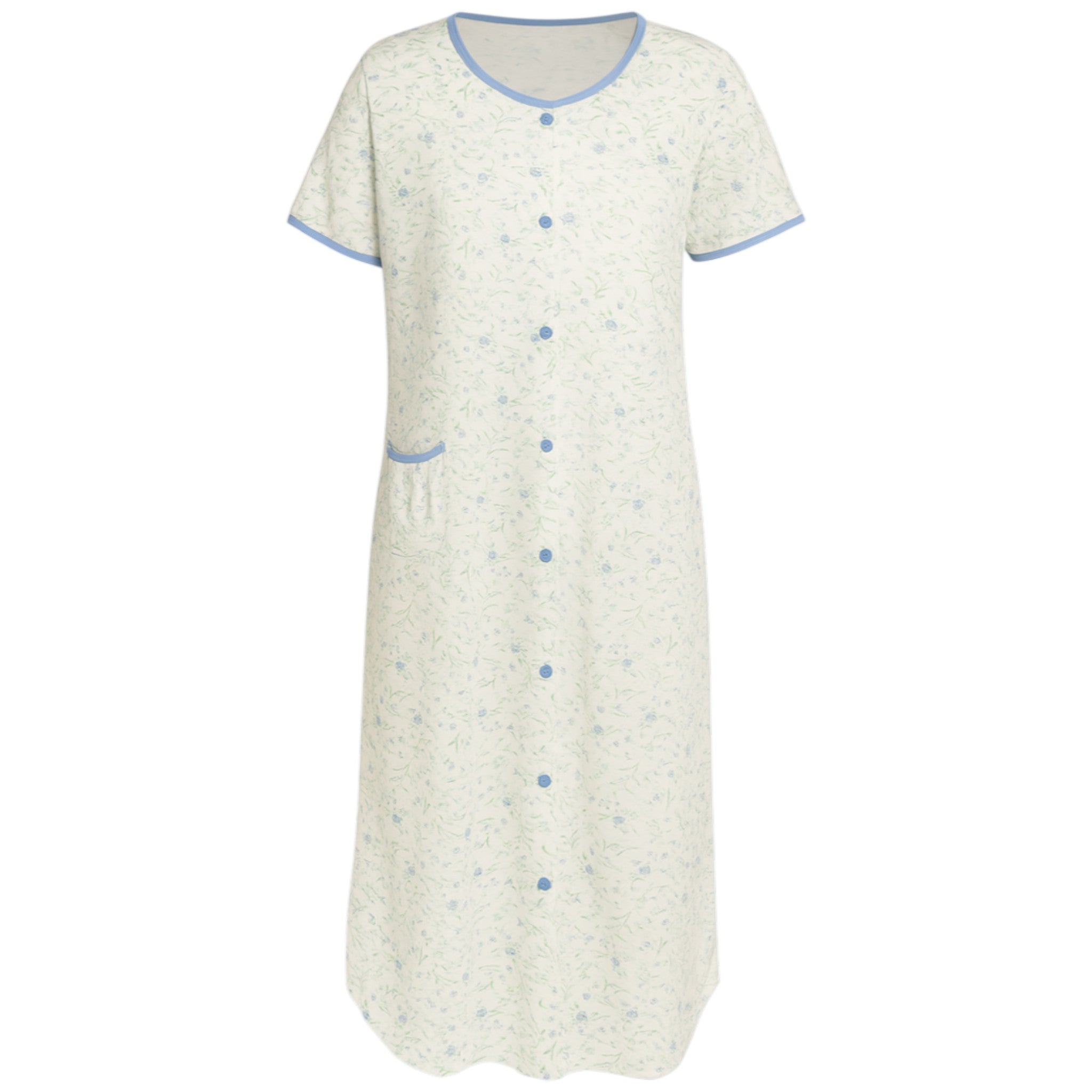 Ladies floral vine button front nightdress – short sleeve, lightweight cotton nightie with purple trim and front pocket, comfortable sleepwear